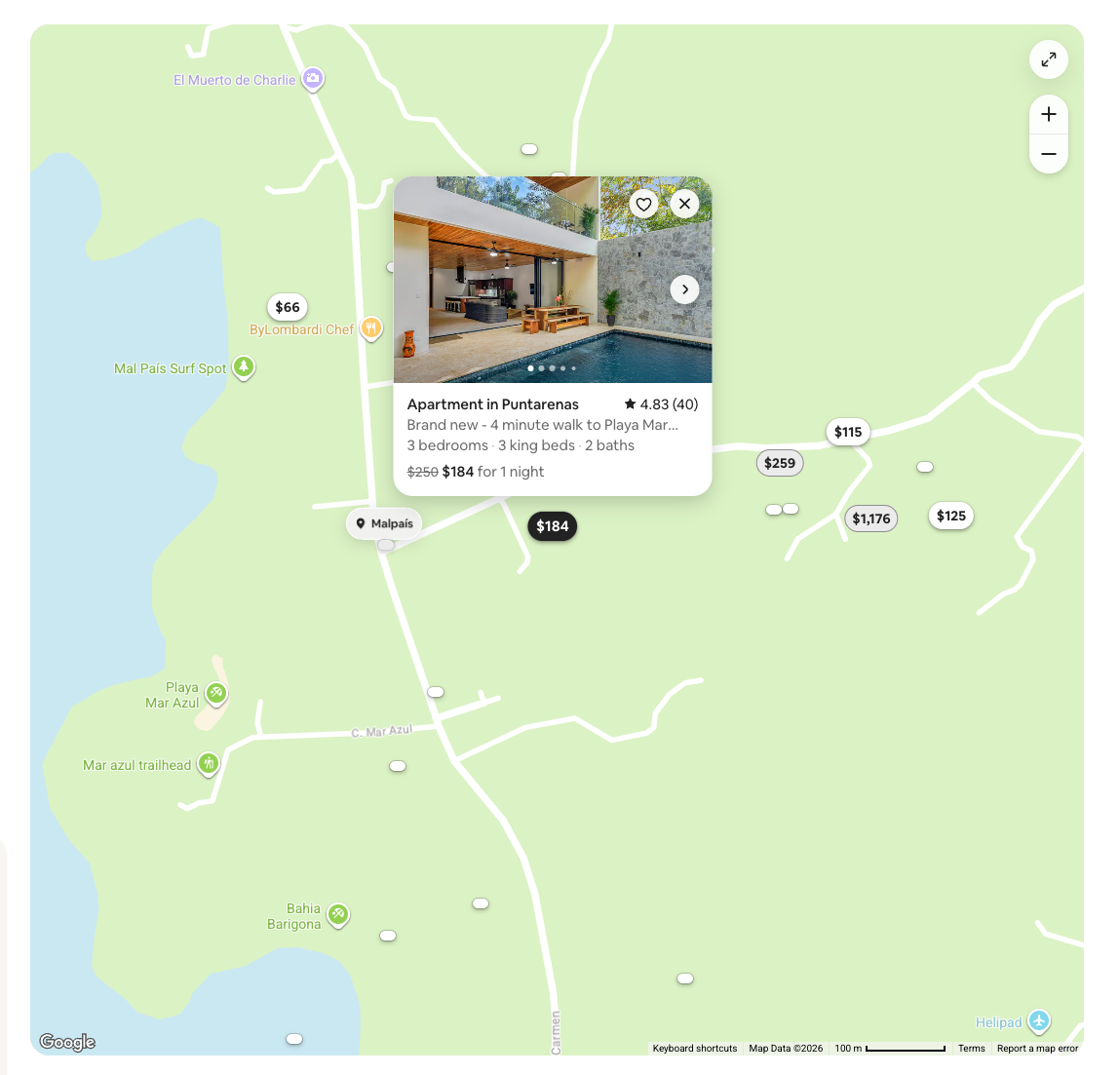 Map with a highlighted listing card for an apartment in Puntarenas, showing a pool photo and price 4 per night.